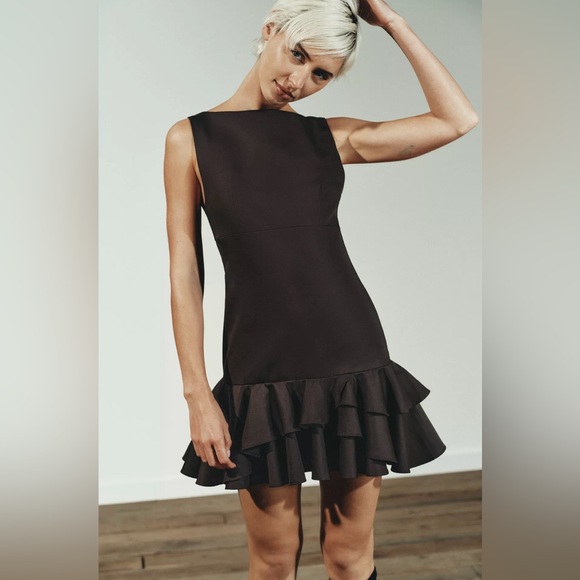 Zara Short Ruffled Brown Dress - Picture 3 of 3